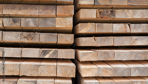 Stack of wooden boards at the lumber mill  closeup of photo