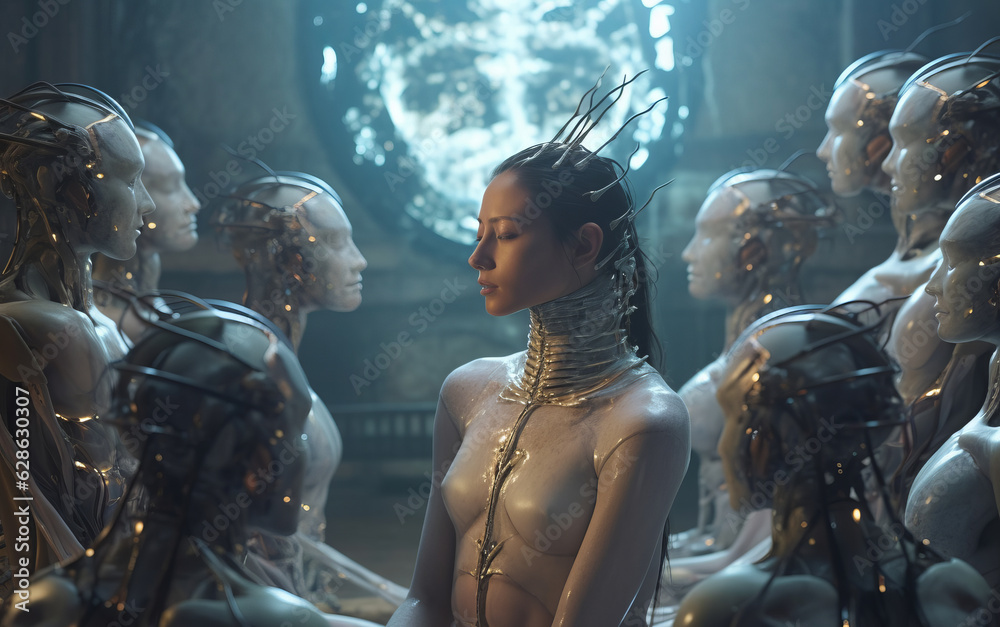 an image of a woman surrounded by robots an image of a woman surrounded by robots
