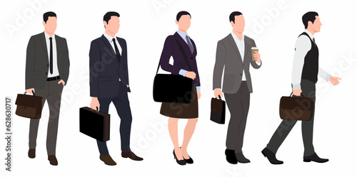 Set of business people walking with hand bags, men and women in full length and side view. Vector illustration isolated of businesspeople on white background