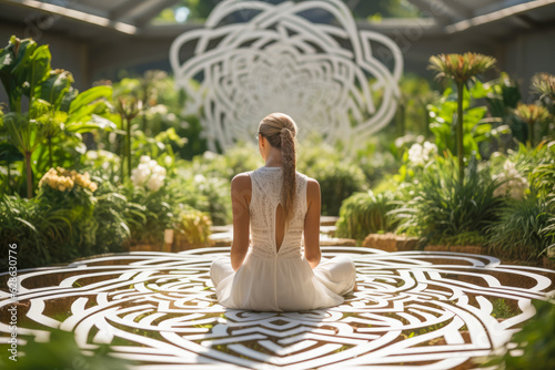 Person in white meditating in a serene garden with geometric labyrinth-like sacred geometry patterns