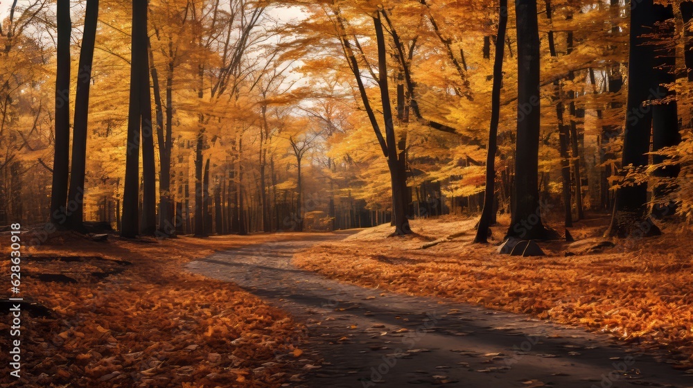 an image of an autumn road in the woods