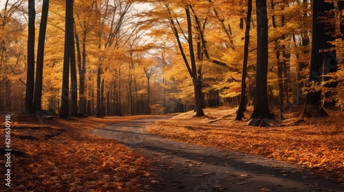 an image of an autumn road in the woods