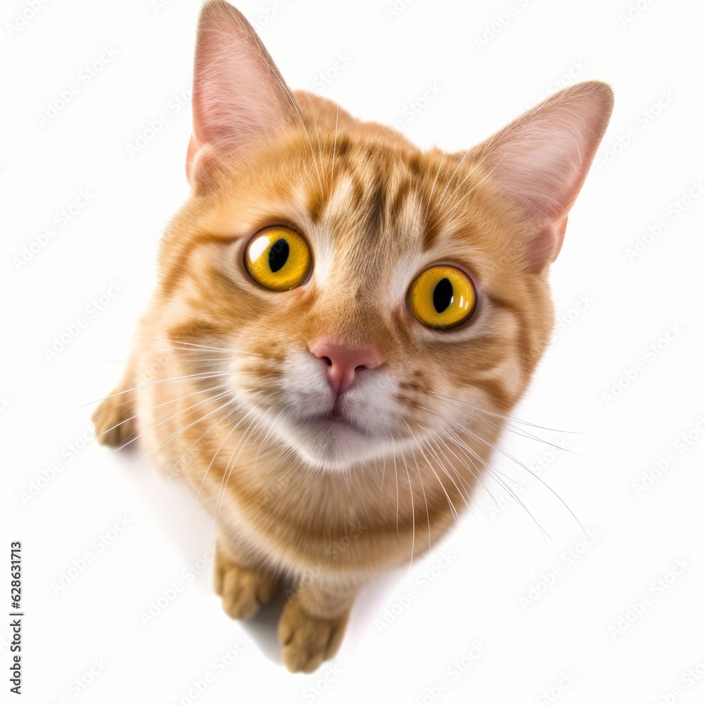 an orange tabby cat looking up at the camera