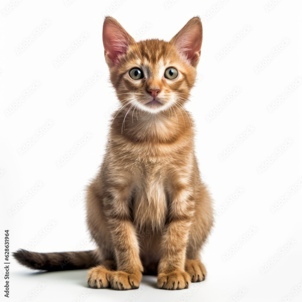 an orange tabby kitten sitting down on a white background