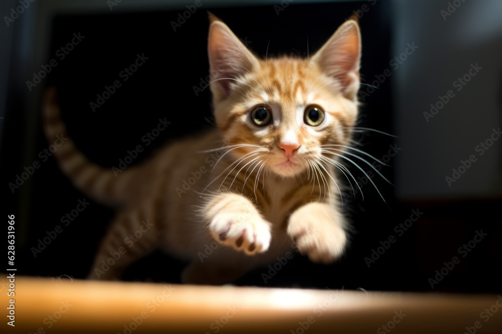 an orange tabby kitten running across a wooden floor an orange tabby kitten running across a wooden floor