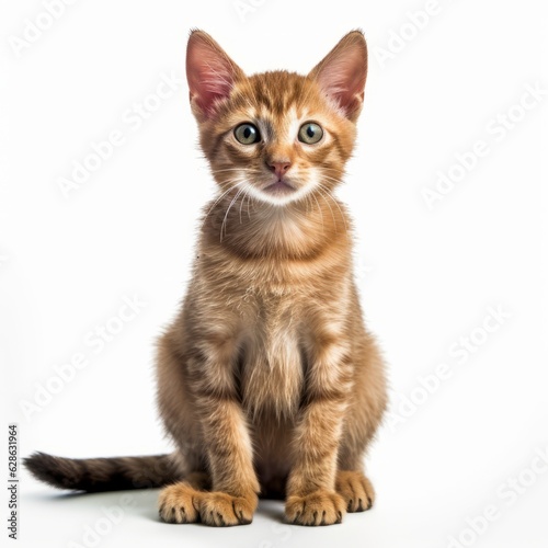 an orange tabby kitten sitting down on a white background