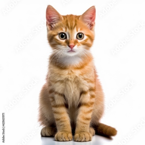 an orange tabby kitten sitting in front of a white background © AberrantRealities