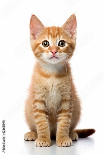 an orange tabby kitten sitting in front of a white background