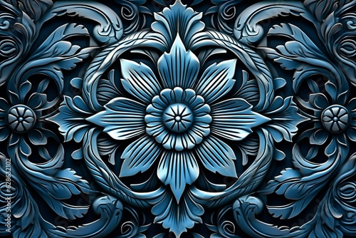 an ornate blue floral design on a black background