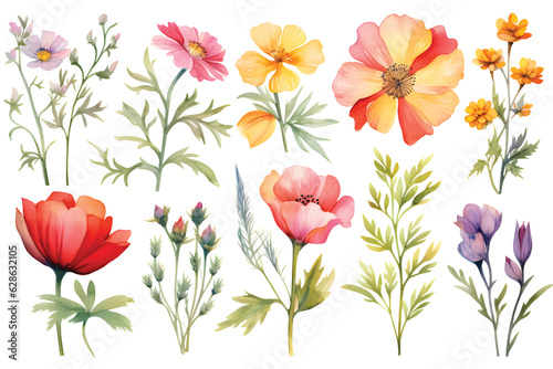 various watercolor painting of summer flowers,wet,white background,isolated.GenerativeAI. © JewJew