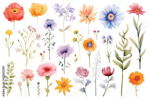 various watercolor painting of summer flowers,wet,white background,isolated.GenerativeAI.