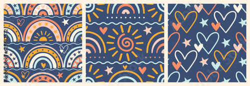 Scandinavian nursery boho seamless patterns - rainbow, sun, hearts, stars. Positive naive style aesthetic. Hand drawn vector doodle collection.