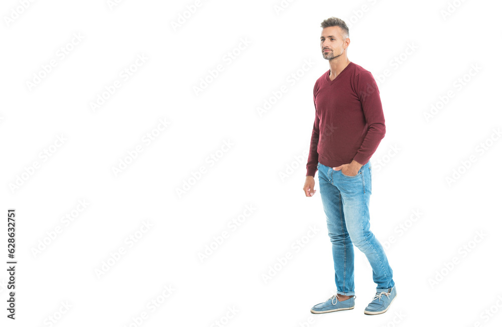 full length of a handsome caucasian man isolated on white, advertisement. A Caucasian man wearing pullover. a caucasian man in his 40s at studio background. good looking caucasian man stands full length of a handsome caucasian man isolated on white, advertisement. A Caucasian man wearing pullover. a caucasian man in his 40s at studio background. good looking caucasian man stands