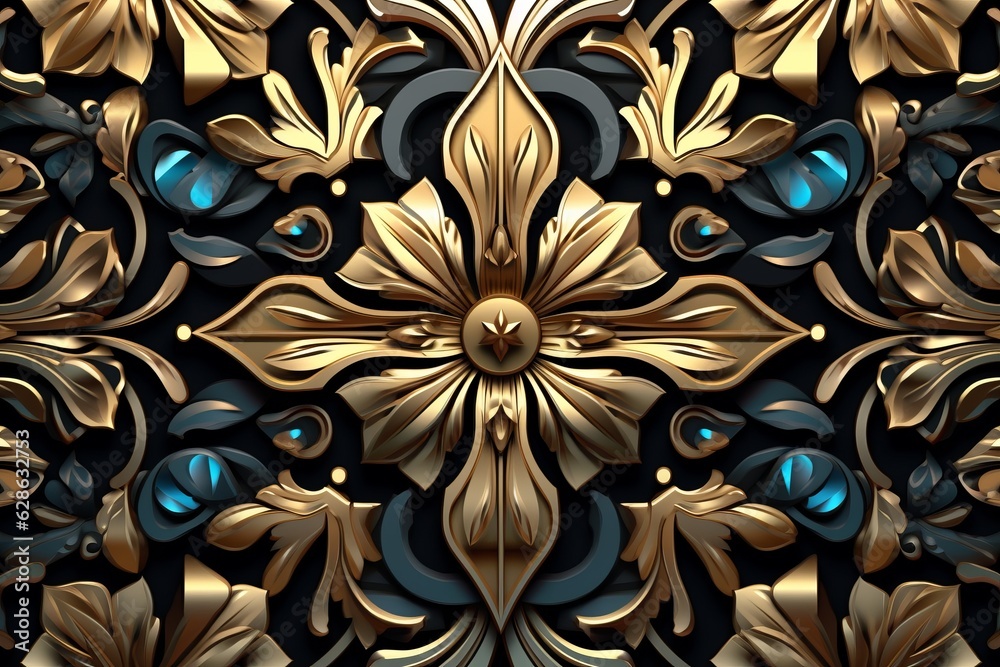 an ornate gold and blue floral pattern on a black background an ornate gold and blue floral pattern on a black background