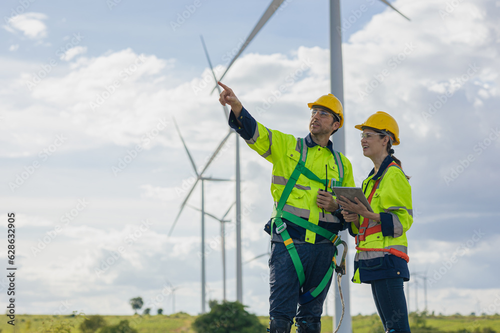 Engineer team man and woman field working together survey plan construction wind turbine clean power generator Engineer team man and woman field working together survey plan construction wind turbine clean power generator