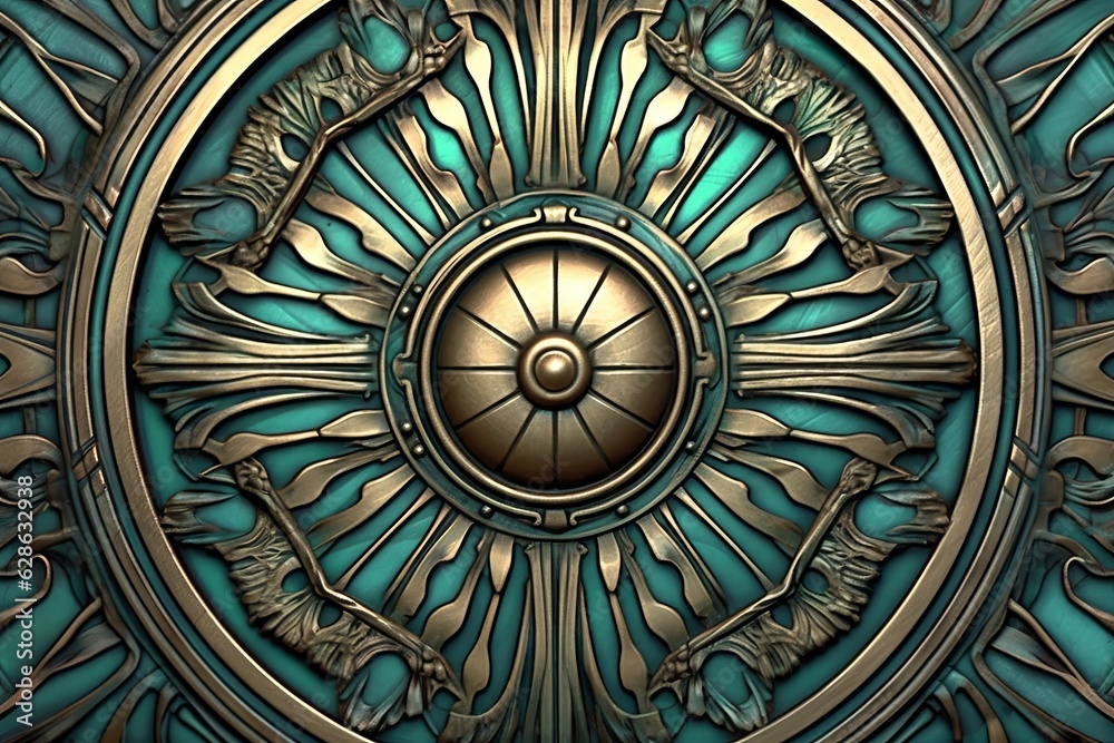an ornate gold and turquoise wall with a circular design