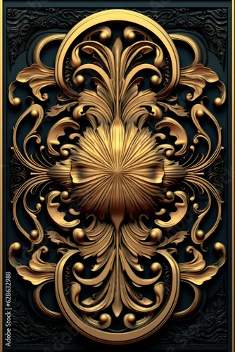 an ornate gold design on a black background