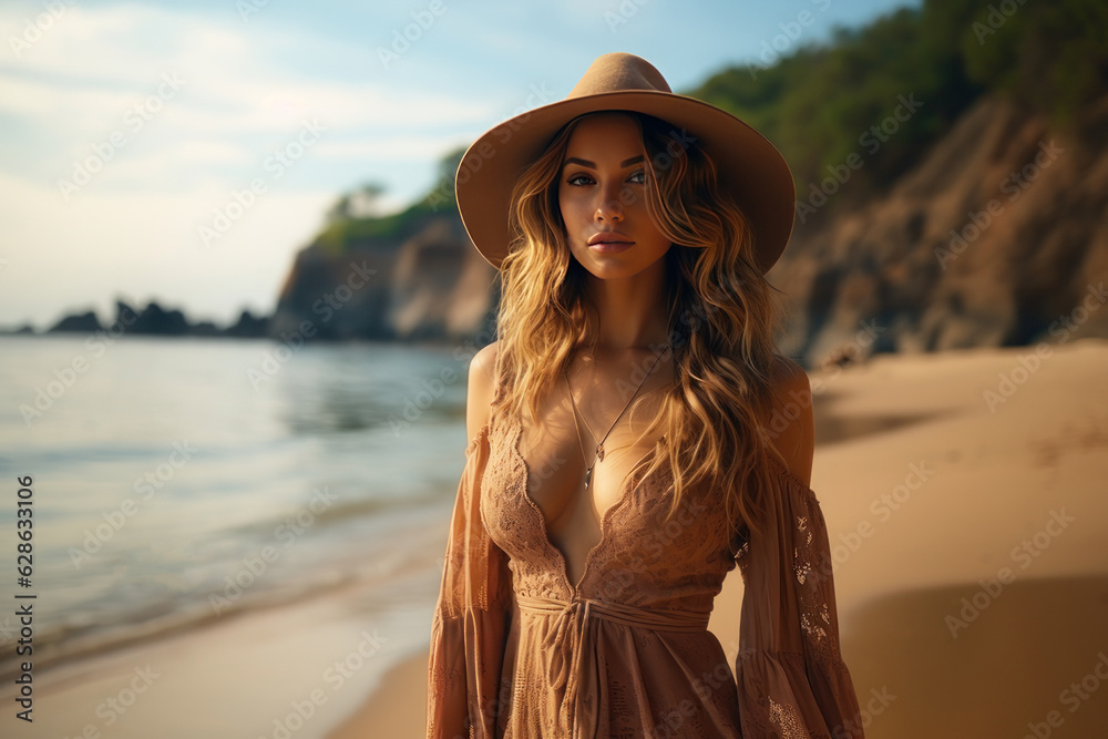 Beautiful woman in a hat and dress on the beach. AI generative.