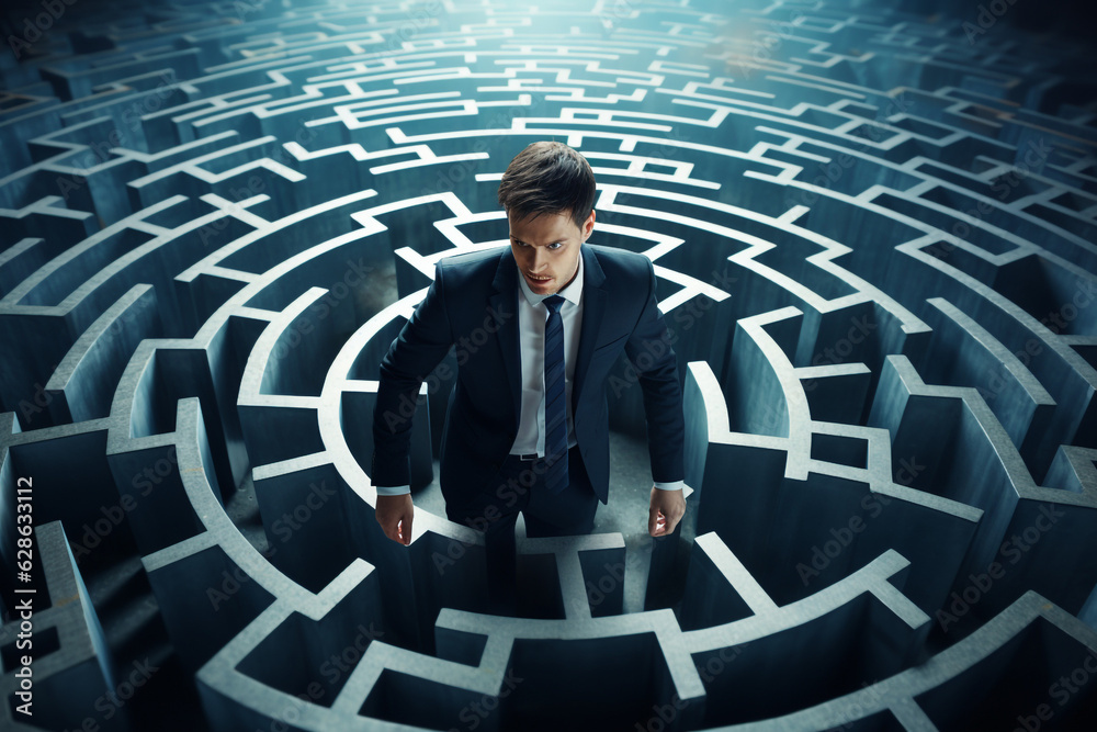 Businessman trying to escape maze. High quality photo
