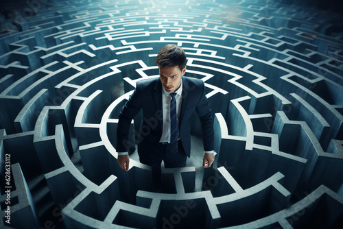 Businessman trying to escape maze. High quality photo photo