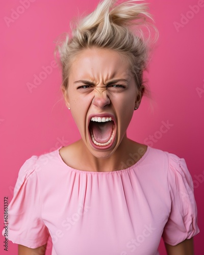 angry woman screaming on pink background