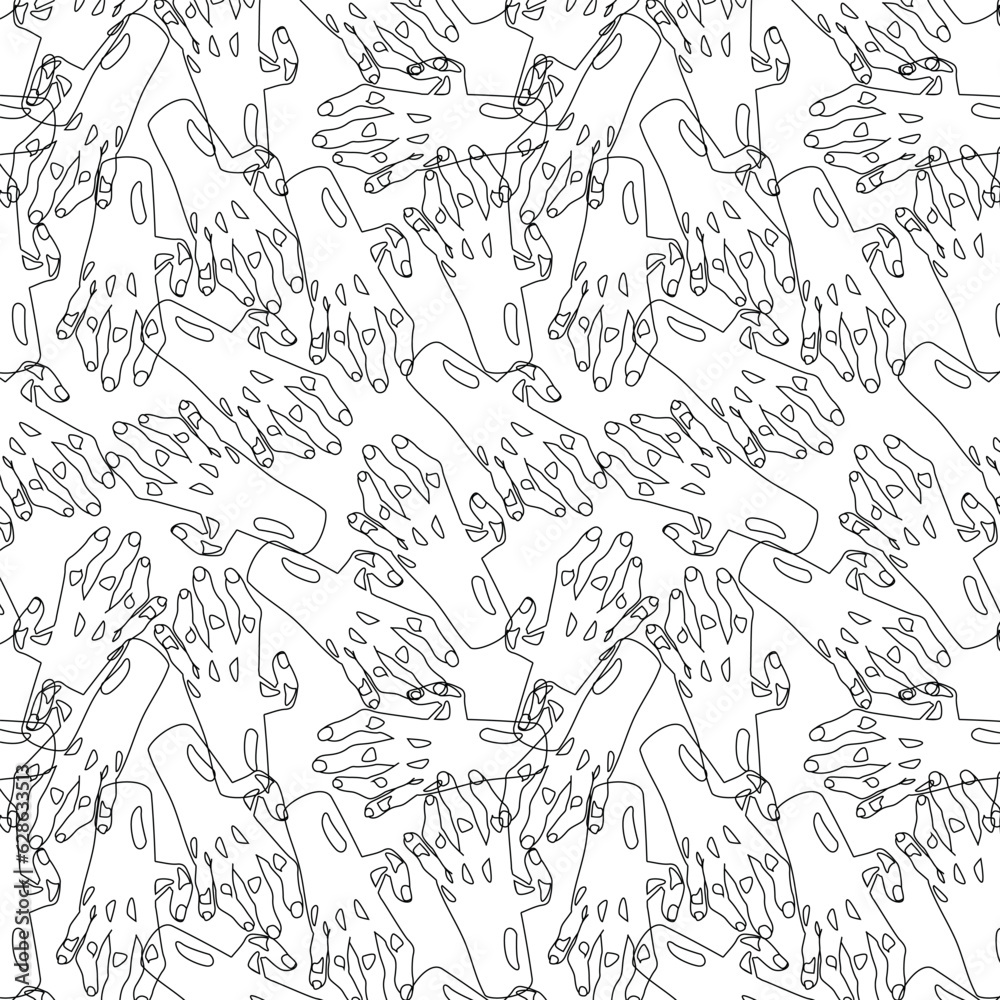 Zombie hands pattern, line style, on a white background. Pattern for Halloween holiday