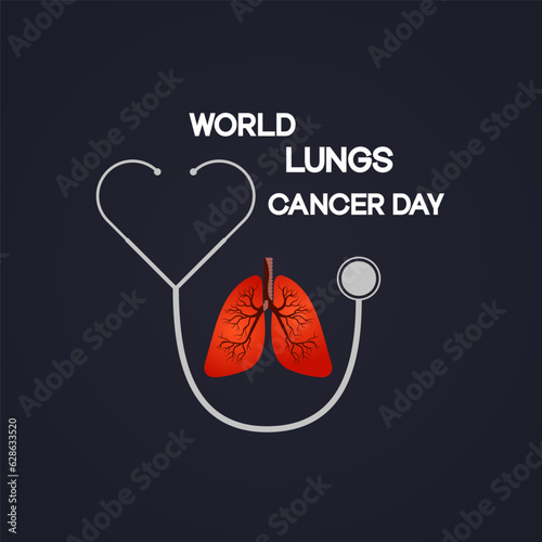 World Lung Cancer Day Poster with white cancer awareness ribbon vector. White awareness ribbon, human lungs, and world silhouette icon vector. August 1. Important day