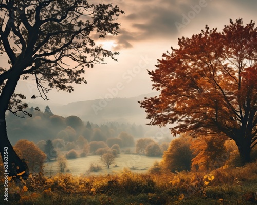 autumn landscape with trees and fog in the background