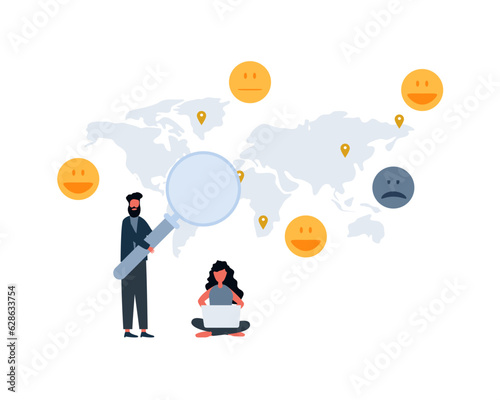 two business analysis on customer feedback. business makes the rating scale perfect. Performance evaluation or customer feedback global. business people analyze social sentiment dashboard global.
