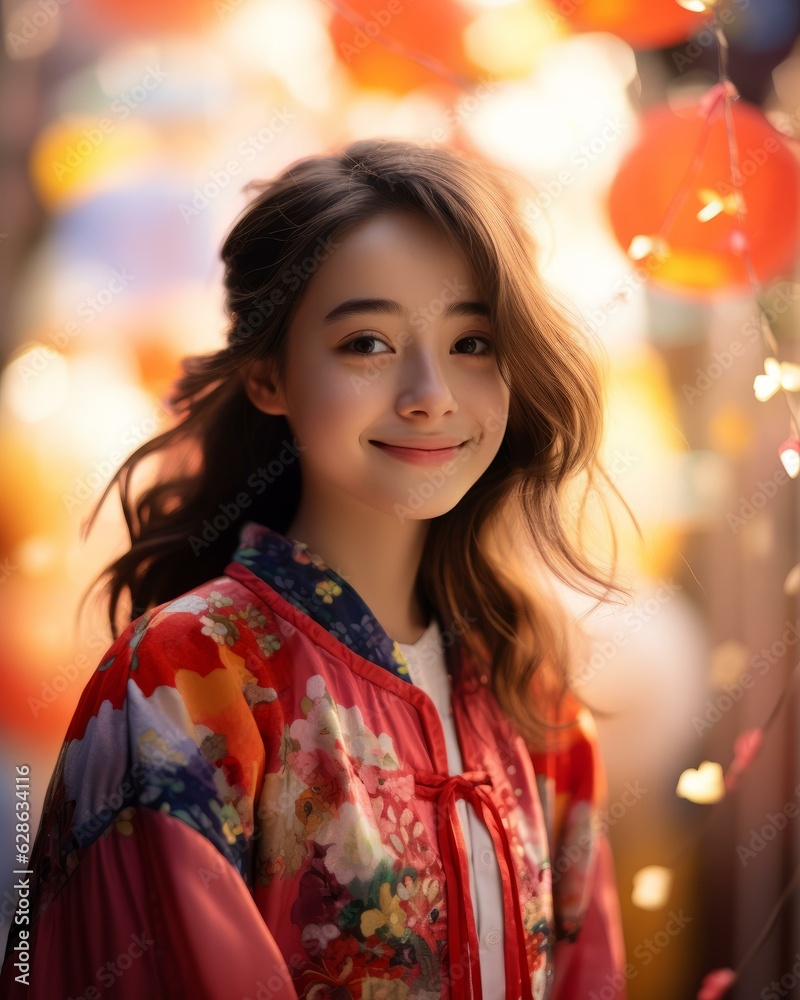 beautiful asian woman in traditional kimono posing in front of colorful lights