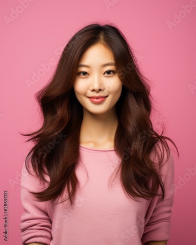 beautiful asian woman with long hair and pink sweater on pink background