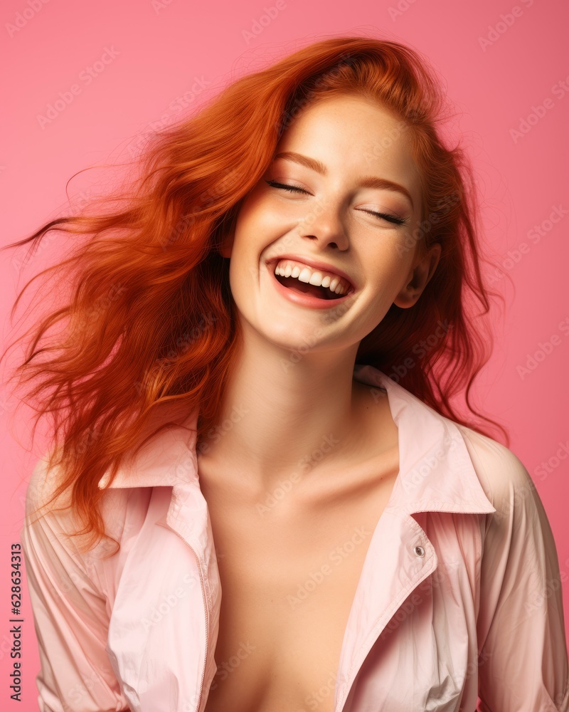 beautiful red haired woman laughing on pink background beautiful red haired woman laughing on pink background