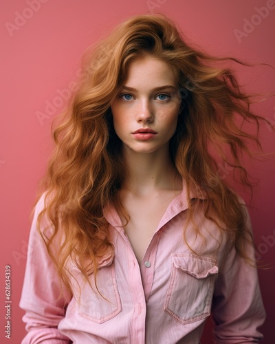 beautiful redhead woman with long hair on pink background
