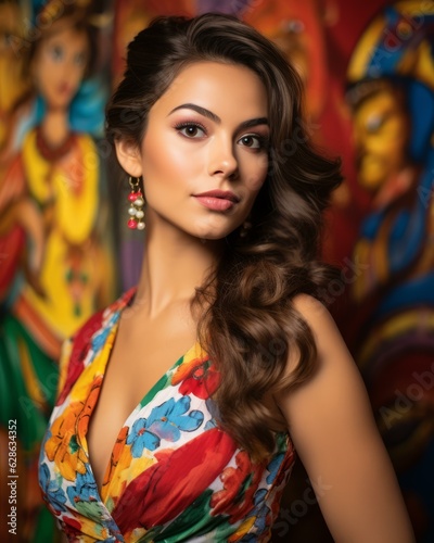 beautiful woman in colorful dress posing in front of colorful background