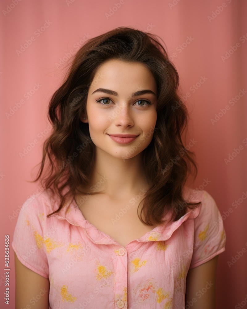 beautiful young woman in pink shirt posing against a pink background beautiful young woman in pink shirt posing against a pink background