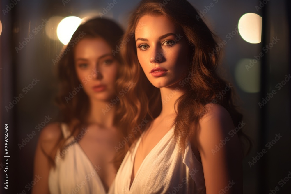 beautiful young woman in white dress looking at the camera