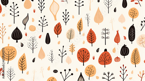 Adorable Vector Style Doodles of Dried Fall and Autumn Leaves and Branches on Light Cream and Beige Background - Thanksgiving, Halloween, and Autumnal Seasonal Concept - Generative AI