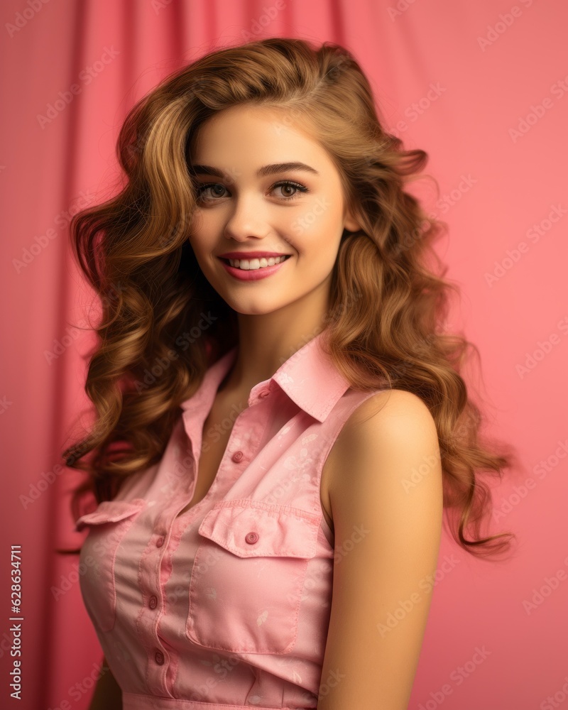 beautiful young woman with long curly hair posing for the camera on a pink background beautiful young woman with long curly hair posing for the camera on a pink background