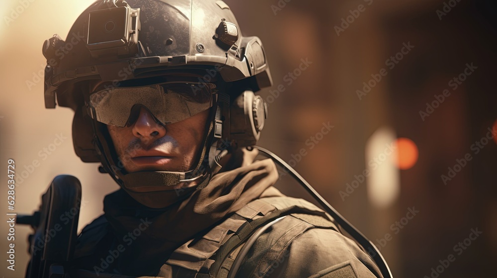 a soldier stands in full modern equipment a soldier stands in full modern equipment