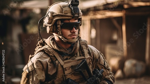 a soldier stands in full modern equipment
