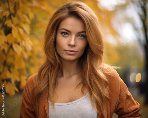 beautiful young woman with long red hair posing in front of autumn trees