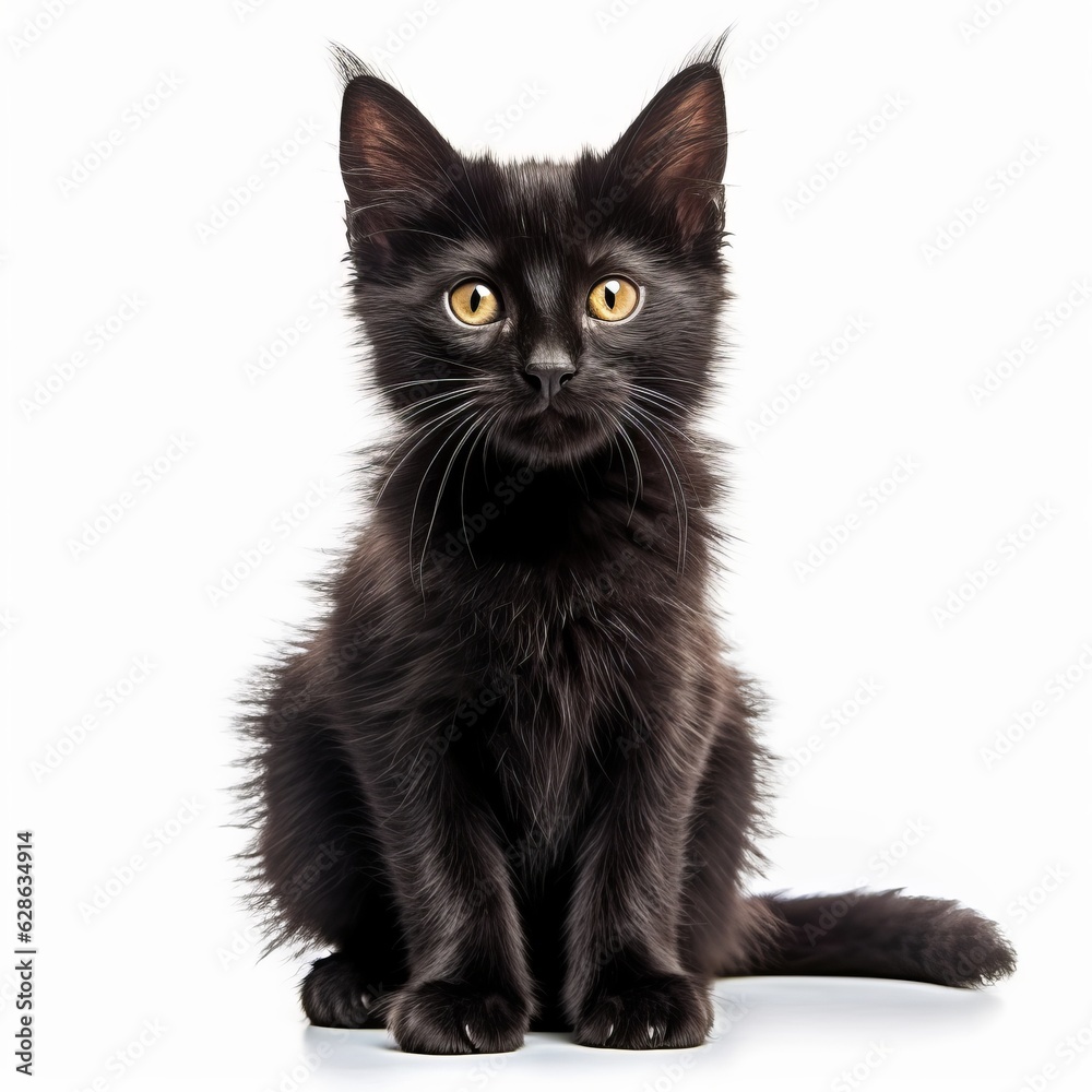 black kitten sitting in front of a white background