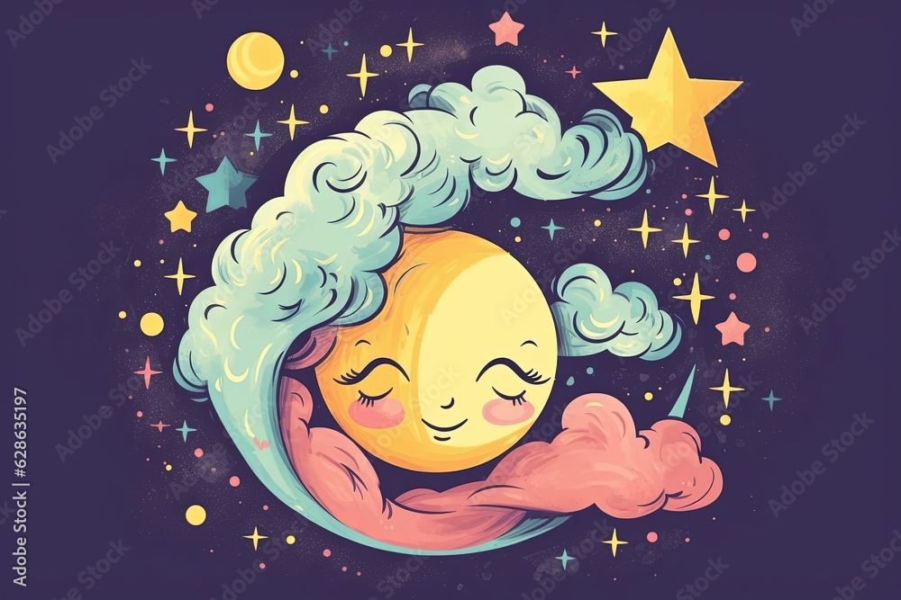 cartoon moon with stars and clouds on a dark background cartoon moon with stars and clouds on a dark background