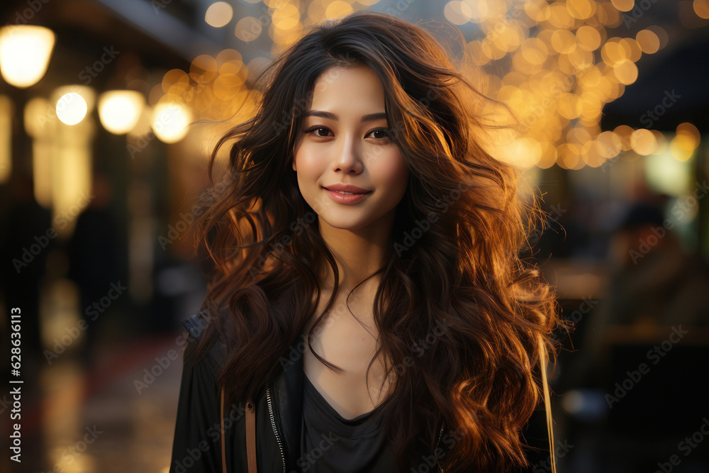 Beautiful Asian woman on the background of the city. AI generative.