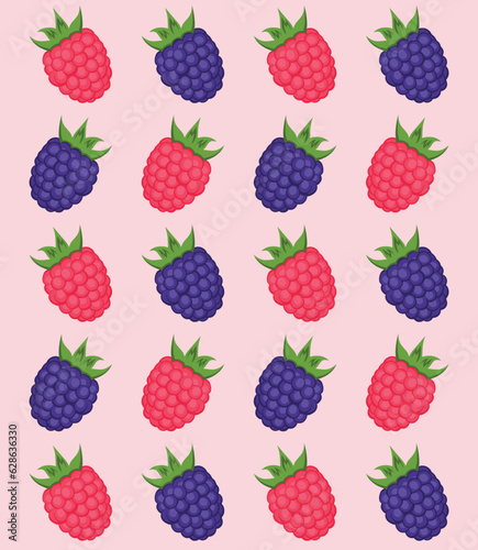 Bright seamless pattern with juicy realistic raspberries and brambles (blackberries) on pink background