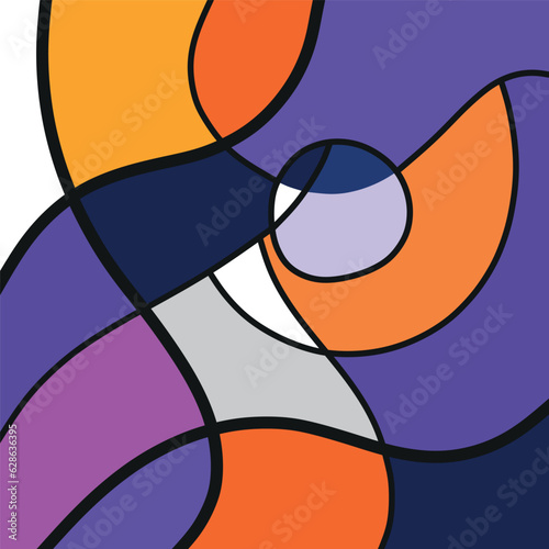 Bright abstract wall art with multicolored round shapes and black lines photo