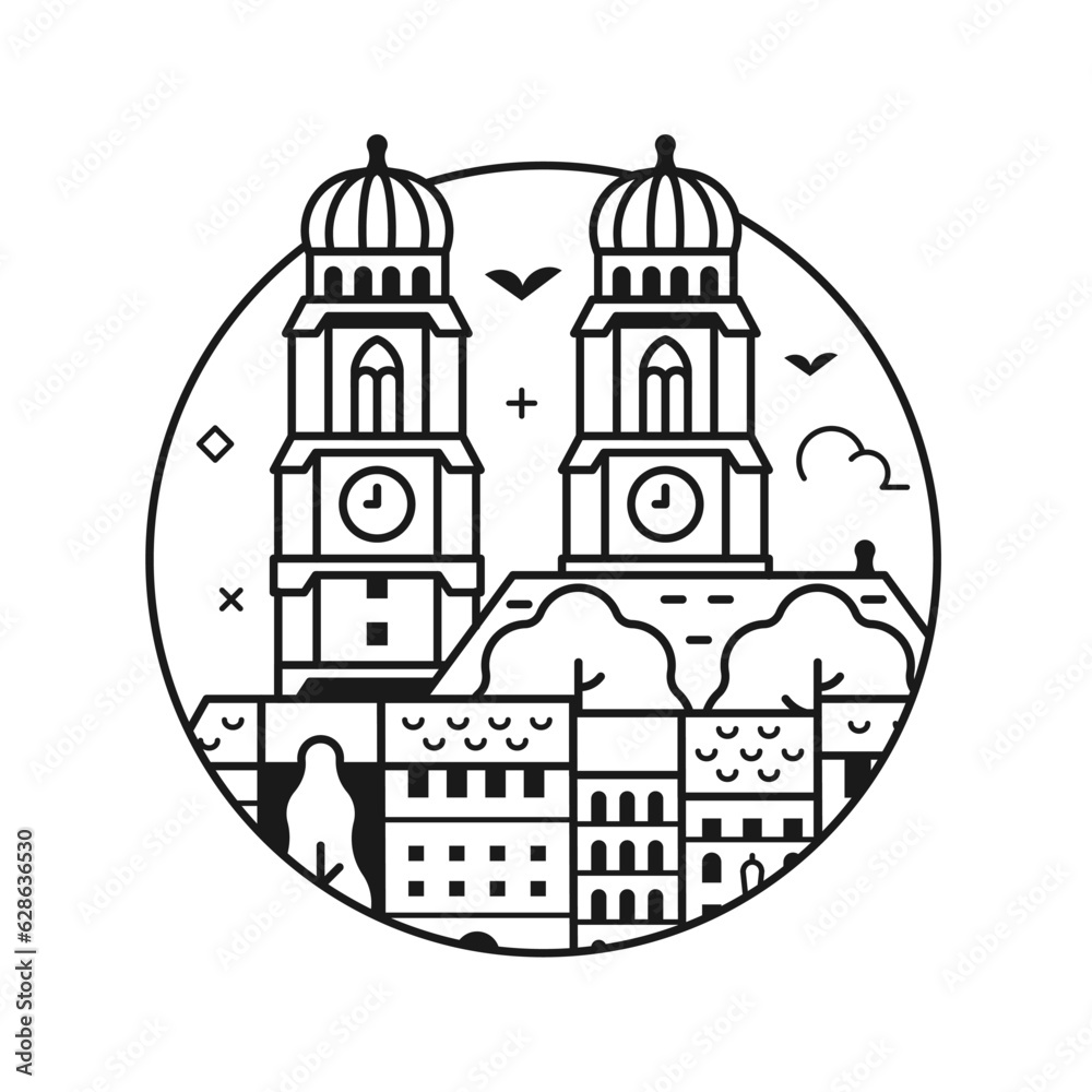 Travel Bavaria Line Icon with Munich Cathedral