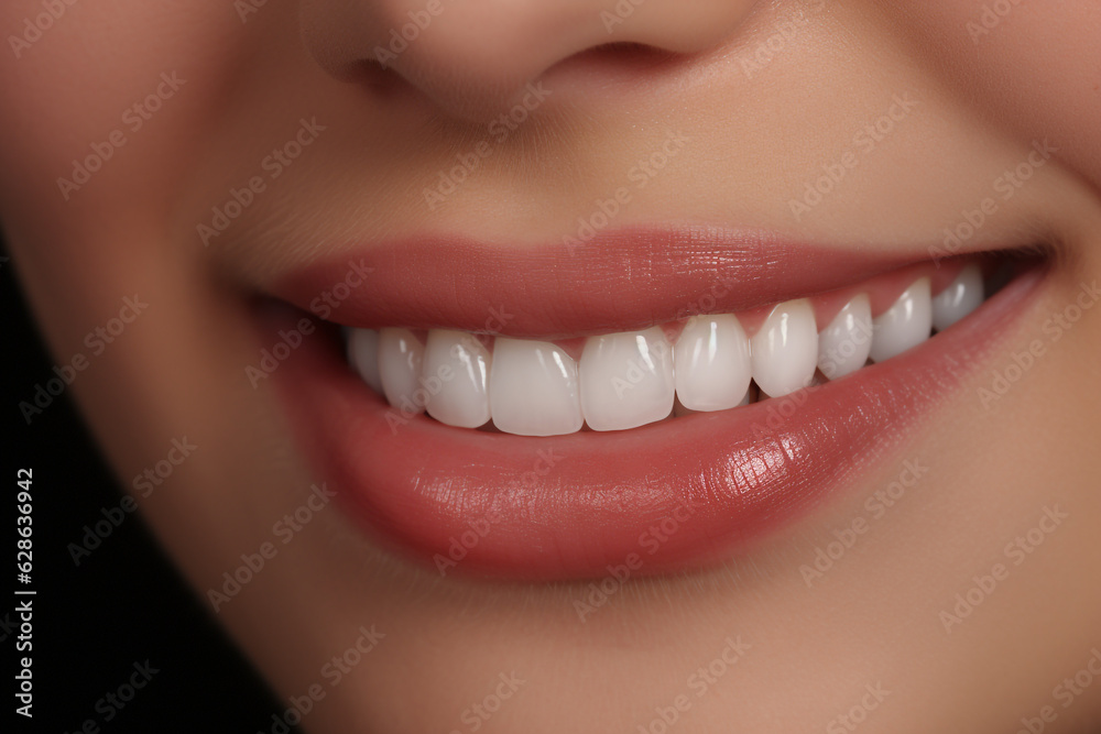 extreme close up on a female smiling mouth with perfectly white teeth. Dental Care Concept. High quality photo