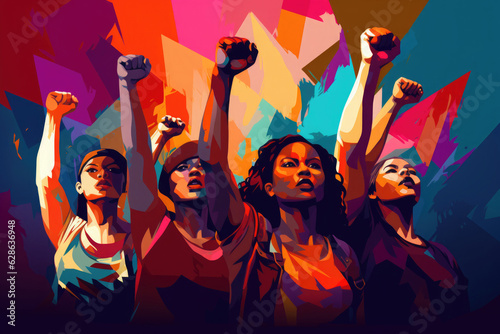 Creative sticker with female activists. Women with raised fists on abstract background. photo
