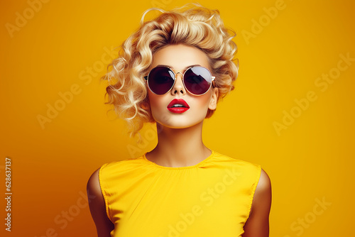 Fashionable Blond model with Kiss Face, Trendy Sunglasses. Stylish Glamour fashion woman Having Fun in Summer Yellow Outfit. Young Beautiful European Hipster girl Posing in Studio generative AI
